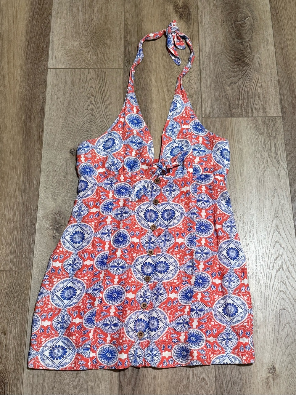 Anthropologie Coral and Blue Halter Mini Dress